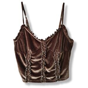 Women Brown Velvet Velour Ruffle Cami Crop Top S Earthy Boho Dark Fairy Coquette